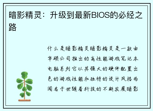 暗影精灵：升级到最新BIOS的必经之路